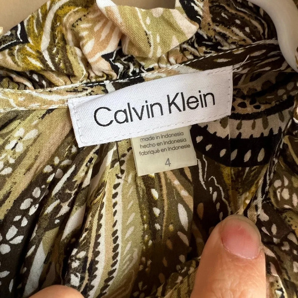 Calvin Klein Womens Dress Size 4 Green Brown Ruffle Tiered Modest Church Office - Picture 2 of 4